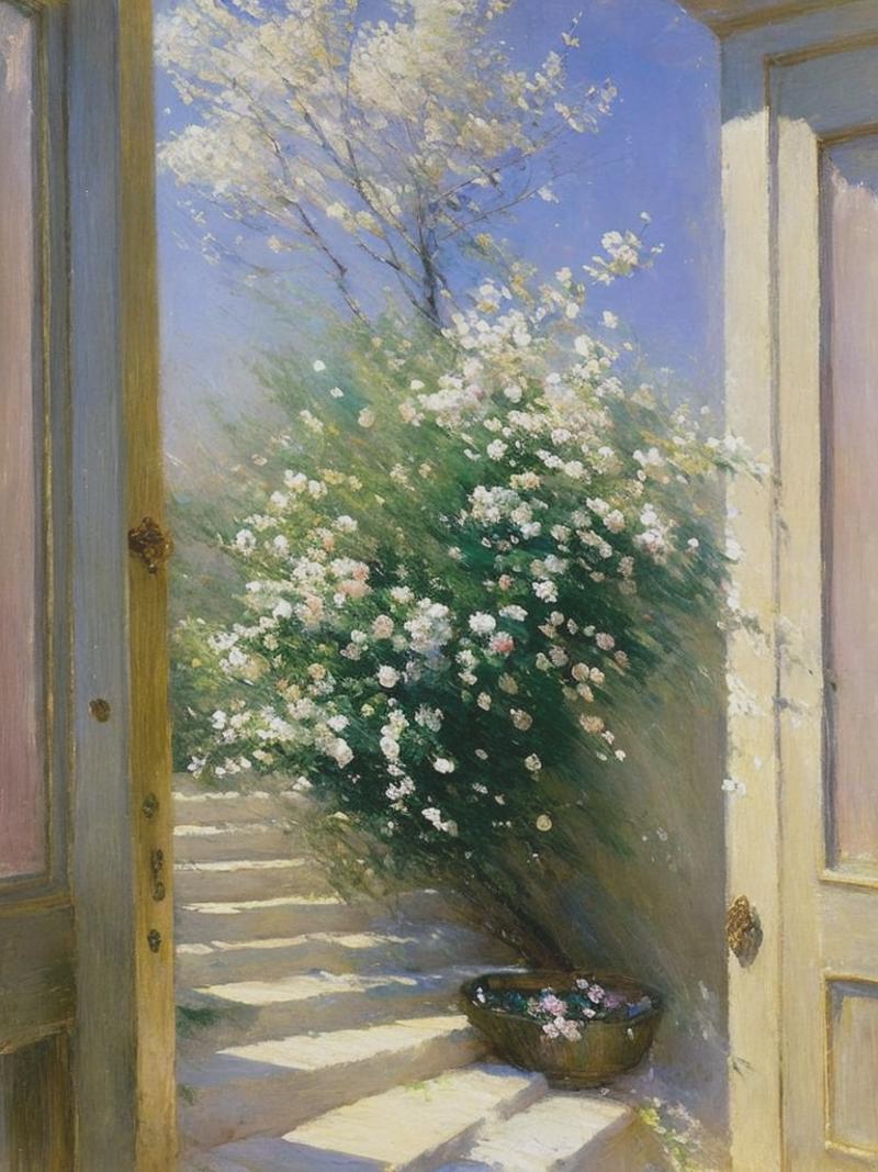 08737-2101444421-John Henry Twachtman's impressionistic still life painting, French style door, many white and pink flowers on the steps, wind bl.png